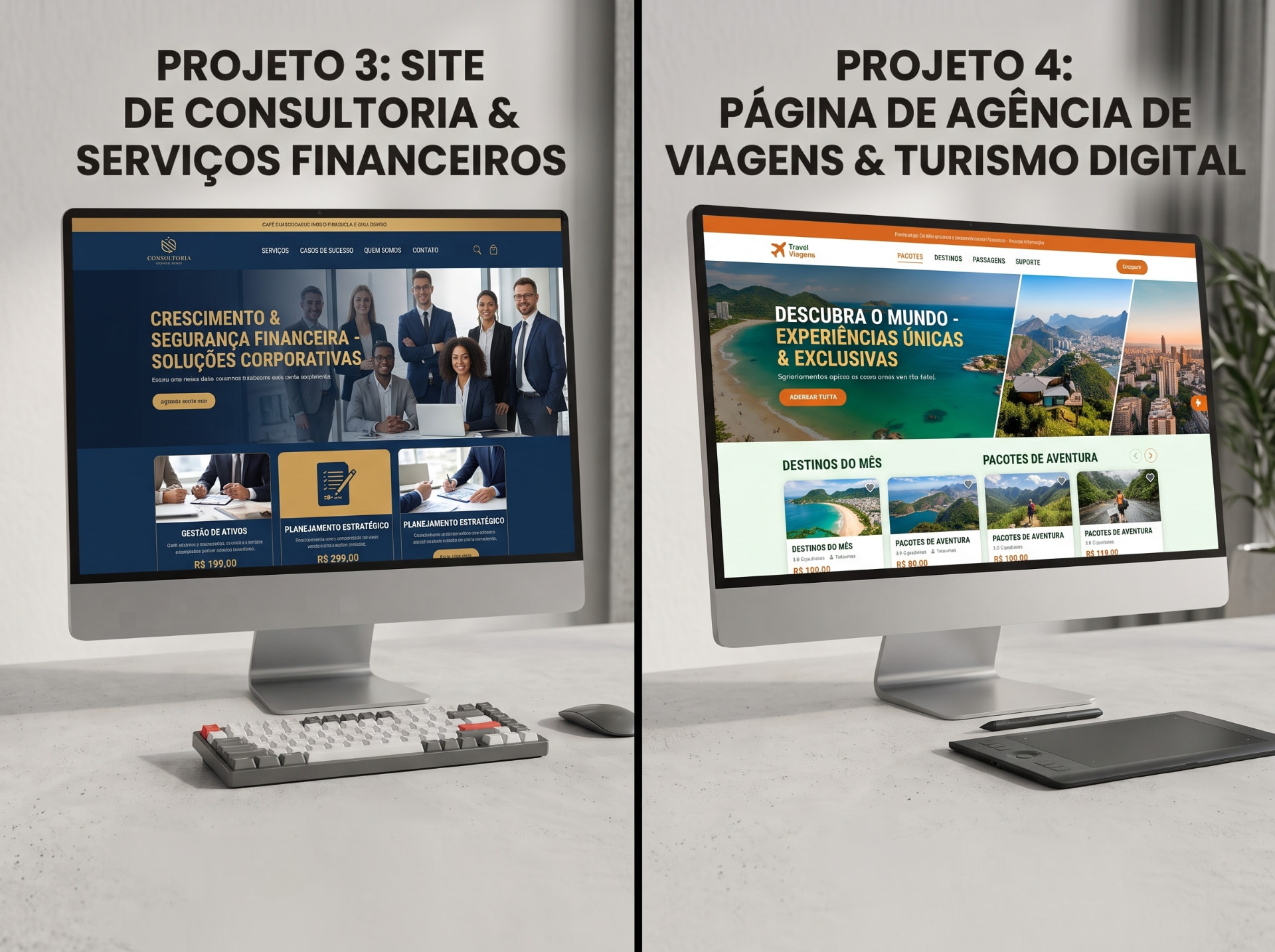 Site de consultoria financeira e página de agência de viagens exibidos em monitores