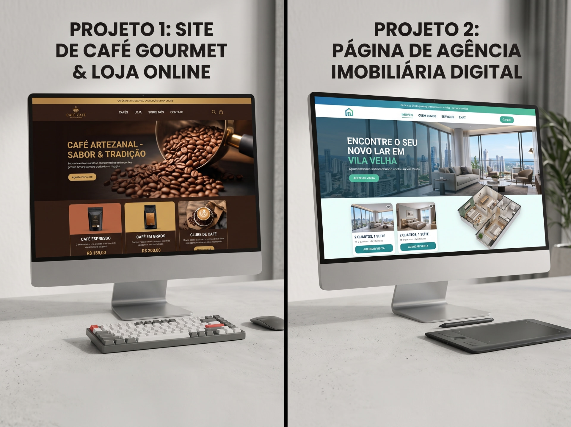 Site de café gourmet com loja online e página de imobiliária exibidos em monitores