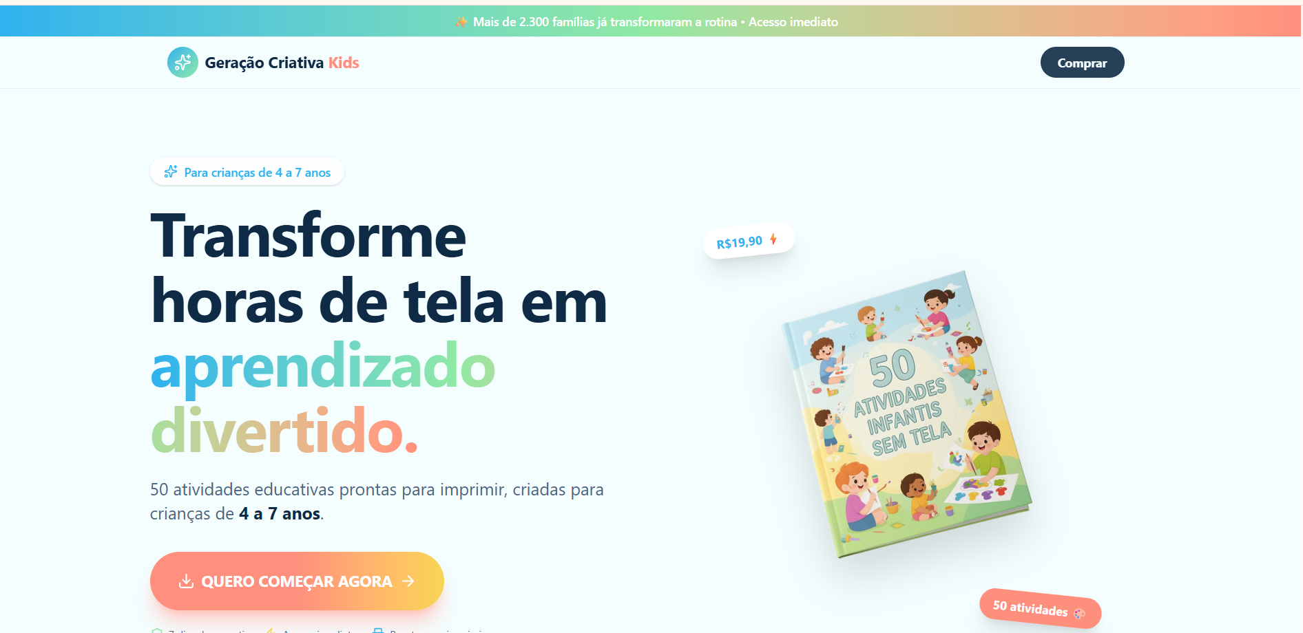 Página de vendas de um produto digital de atividades infantis